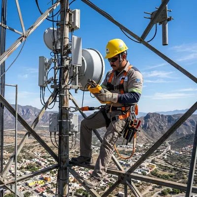 Técnico certificado realizando instalación de torre y antena de radiocomunicación en México
